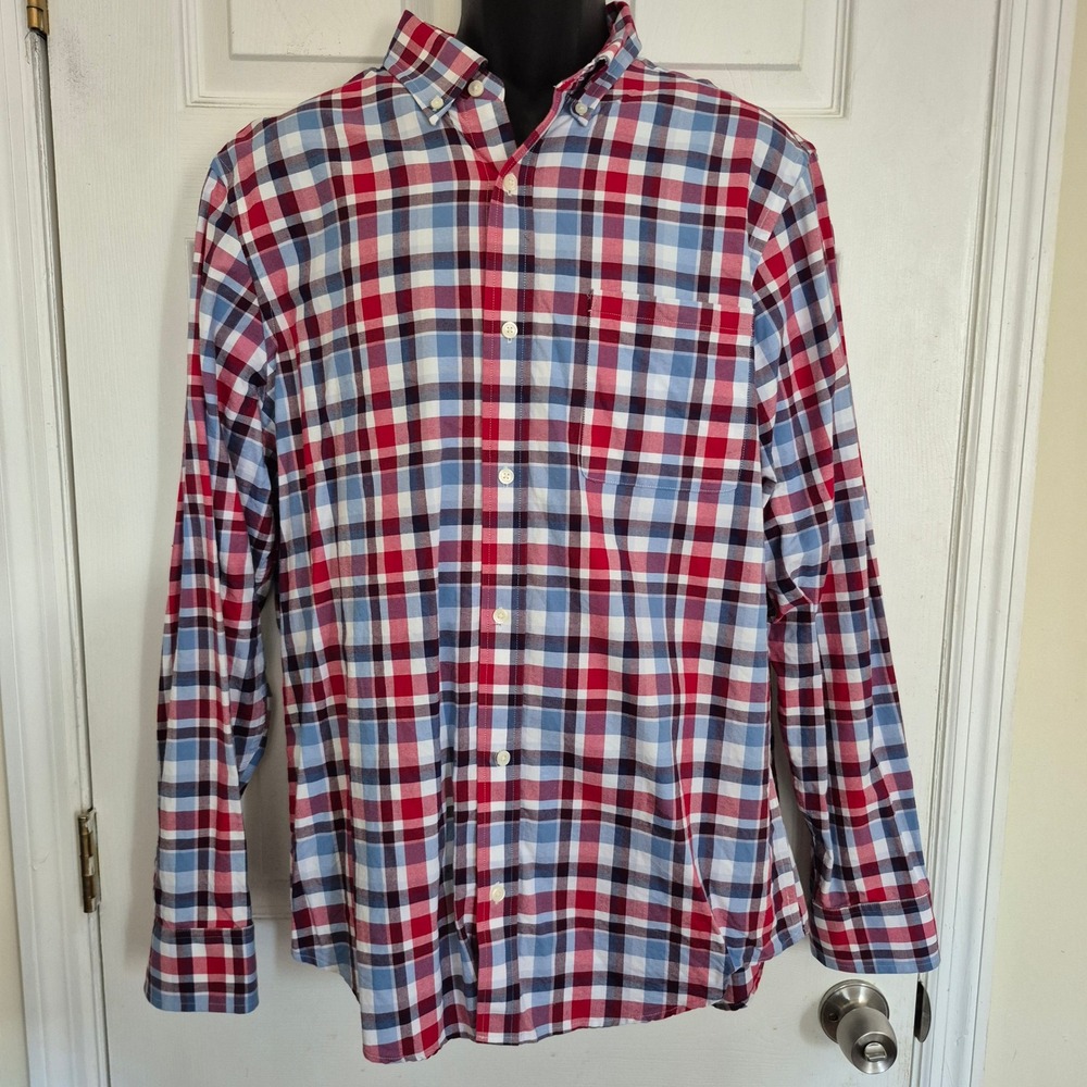 Banana Republic Mens XL Red Blue Plaid Cotton Button Down Shirt Long Sleeve